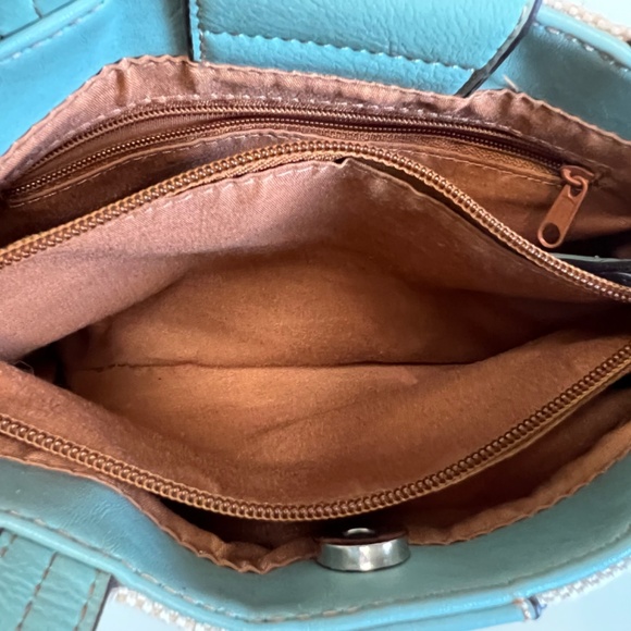 Etienne Aigner Handbag Purse Wicker Teal Blue Leather 9” - Picture 10 of 16